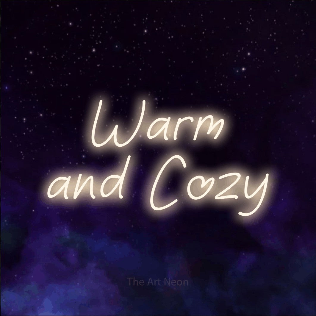Warm white LED neon sign reading "Warm and Cozy" against a purple galaxy background for bedroom décor