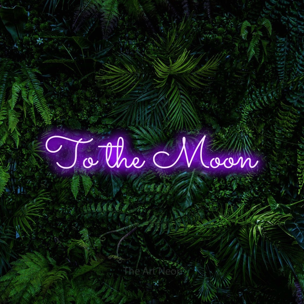 Purple LED neon sign reading "To the Moon" against a dense tropical foliage wall for bedroom décor