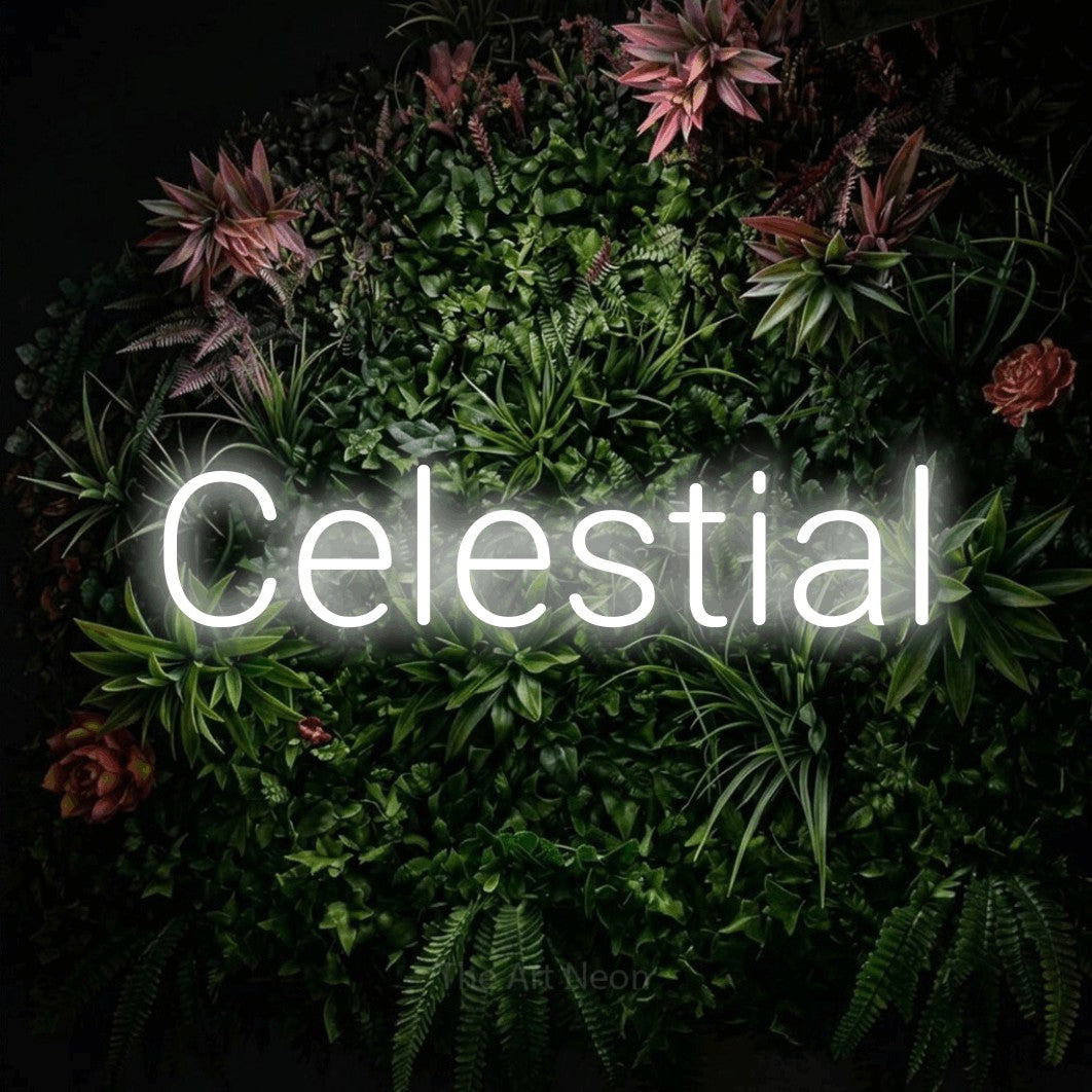 Cool white LED neon sign reading "Celestial" against a flowering garden wall for bedroom décor
