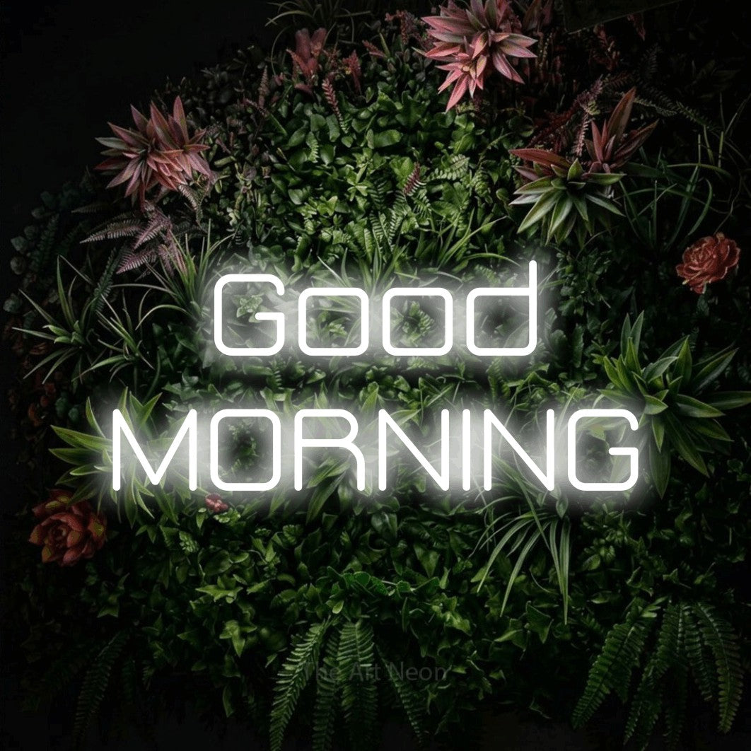 Cool white LED neon sign reading "Good Morning" against a flowering garden wall for bedroom décor