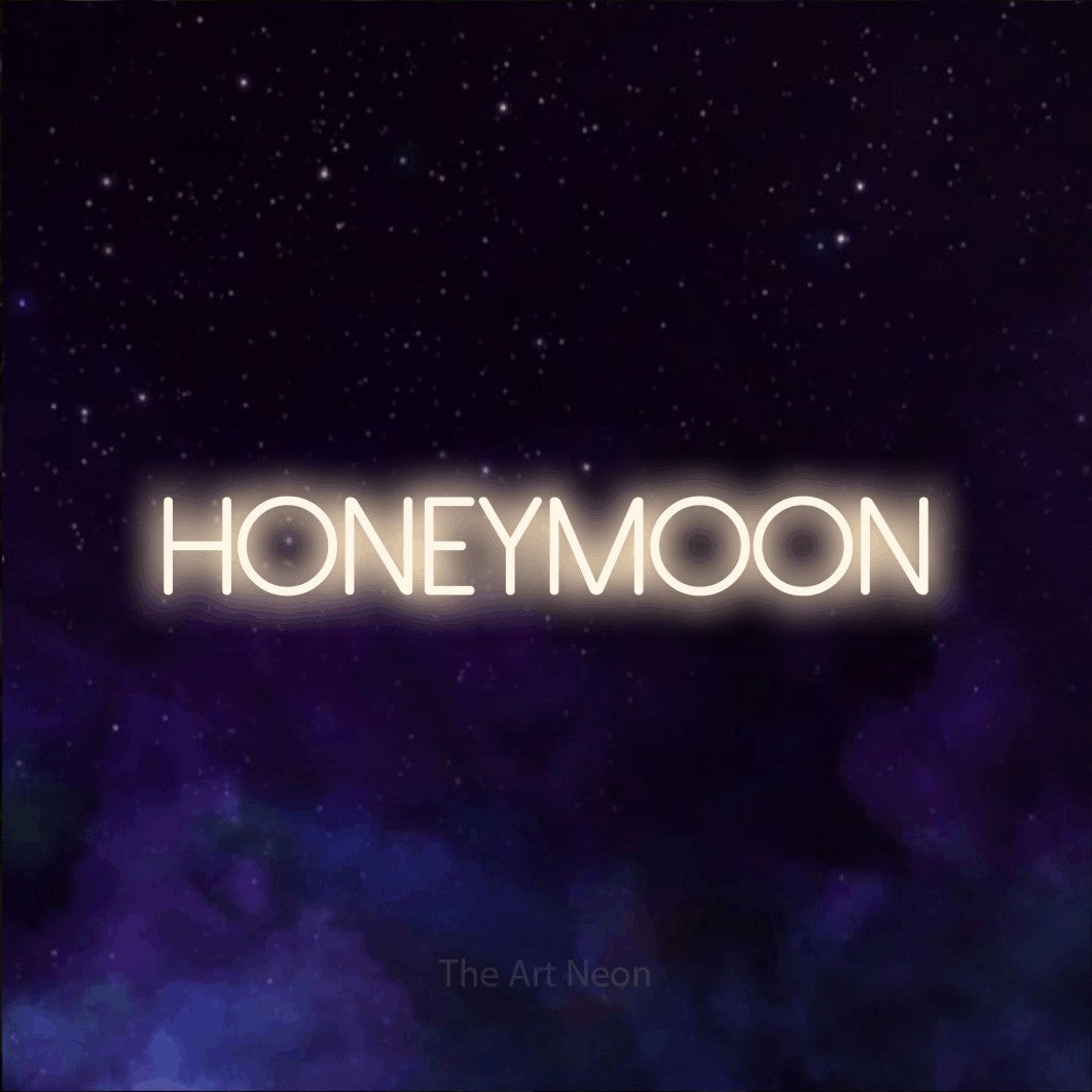 Warm white LED neon sign reading "Honeymoon" against a purple galaxy background for bedroom décor