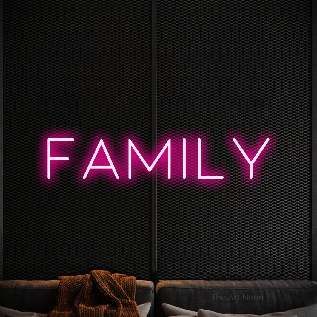 Hot pink LED neon sign reading "Family" against a black textured wall for living room décor