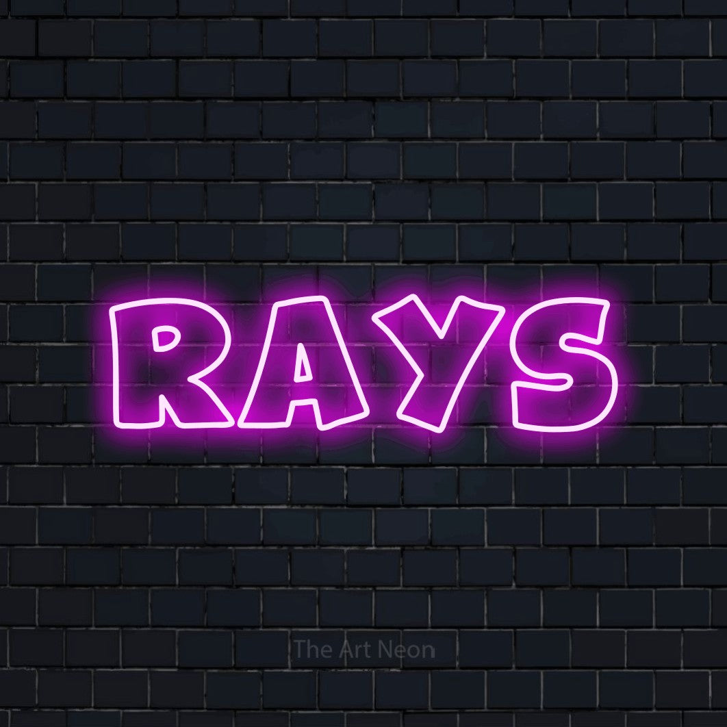 Pink outline-style LED neon sign reading "Rays" against a dark navy brick wall for living room décor