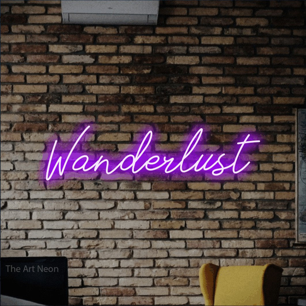 Purple script-style LED neon sign reading "Wanderlust" against a rustic brick wall for living room décor