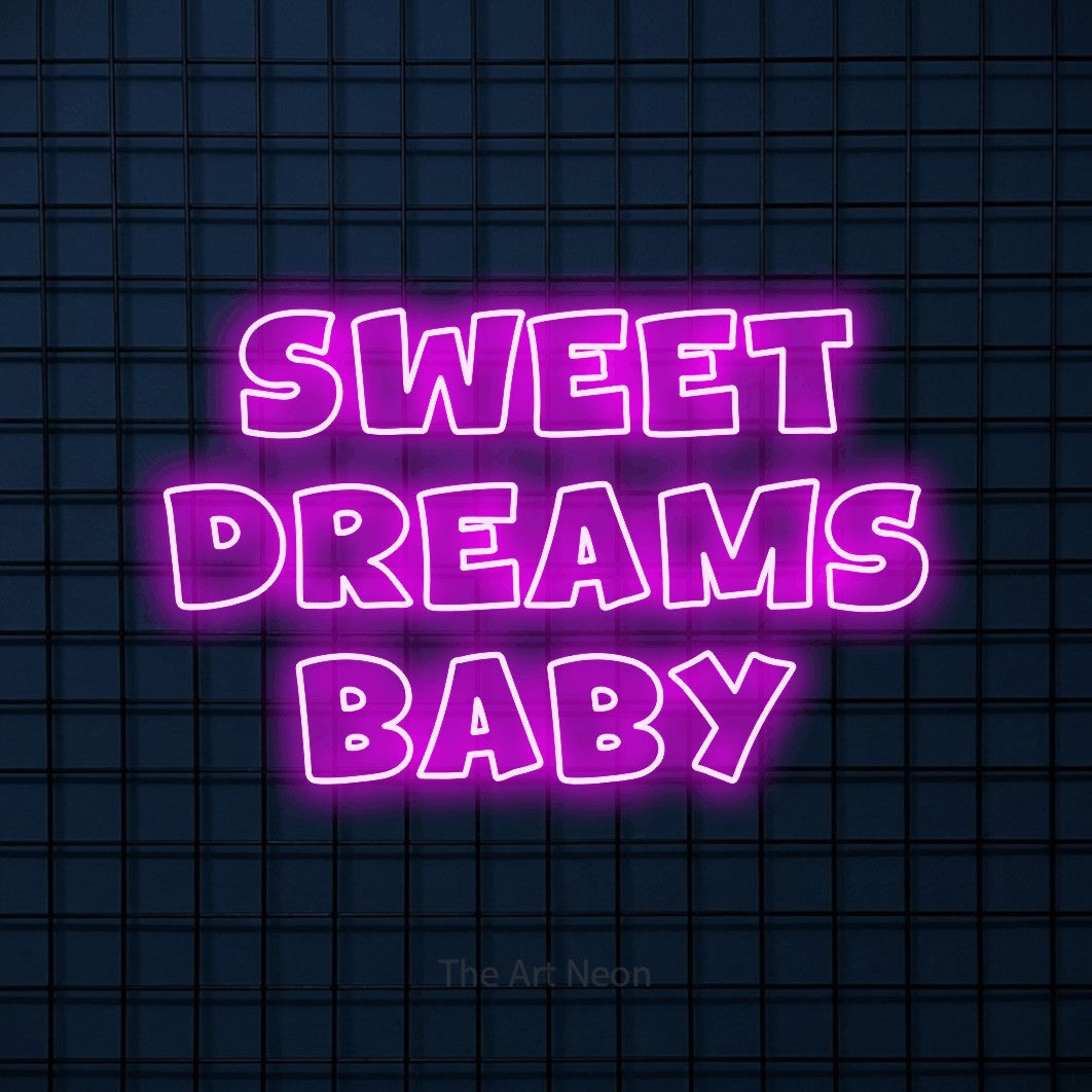 Enseigne néon à DEL à lumière rose, de style contour, affichant « Sweet Dreams Baby » sur un mur carrelé bleu foncé, pour décorer une chambre de bébé