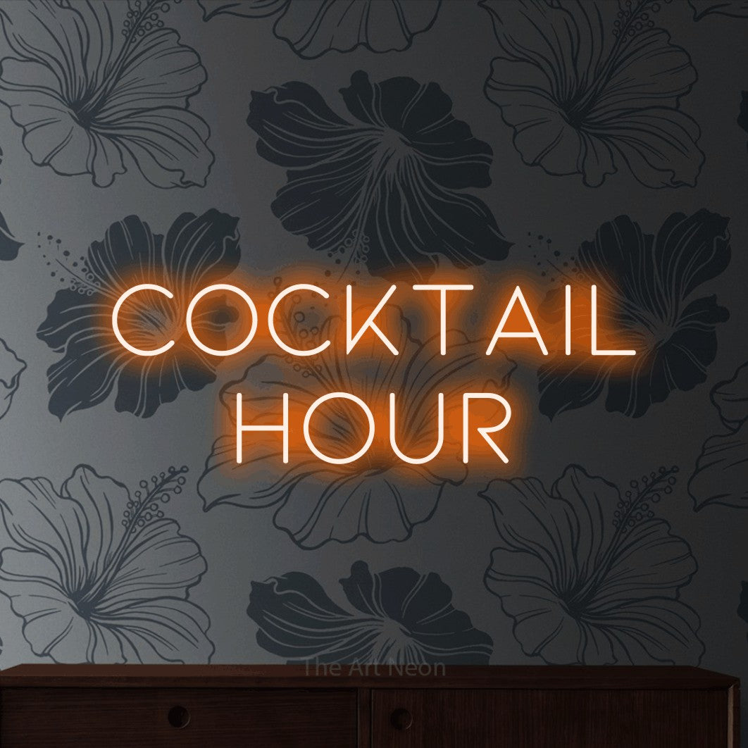 Orange LED neon sign reading "Cocktail Hour" against grey floral wallpaper for kitchen décor
