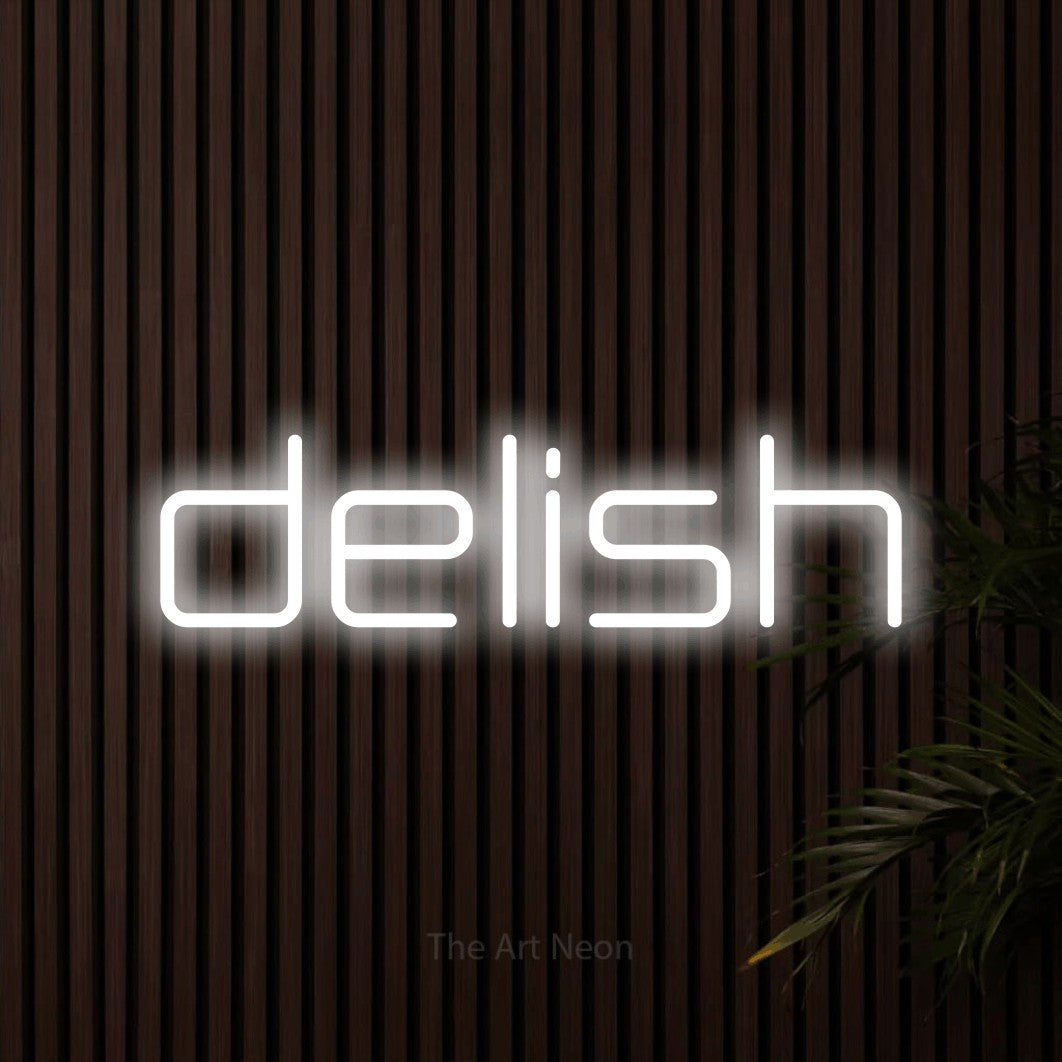 Cool white LED neon sign reading "Delish" against dark wooden slats for kitchen décor