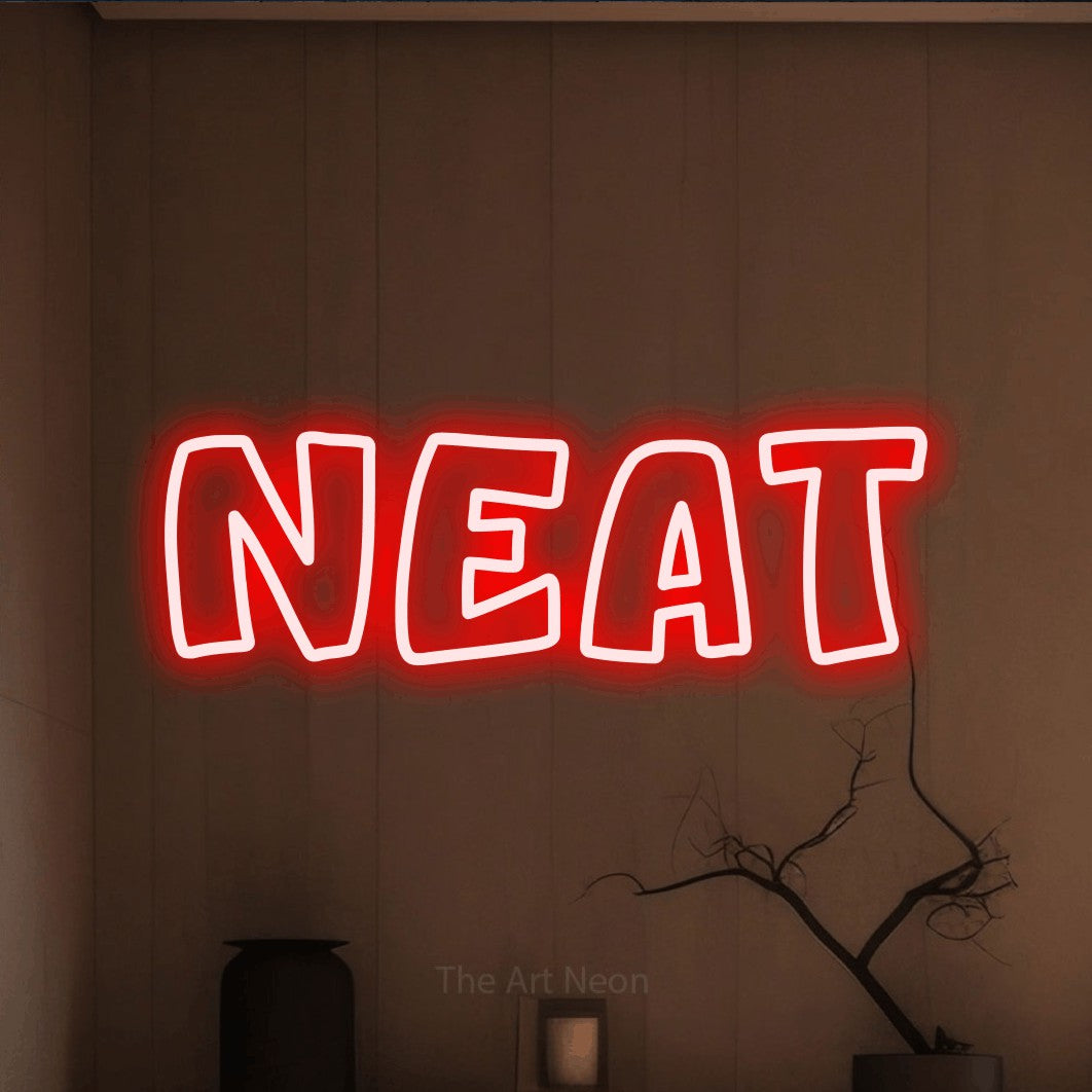 Red outline-style LED neon sign reading "Neat" against a warm brown wall for bar décor