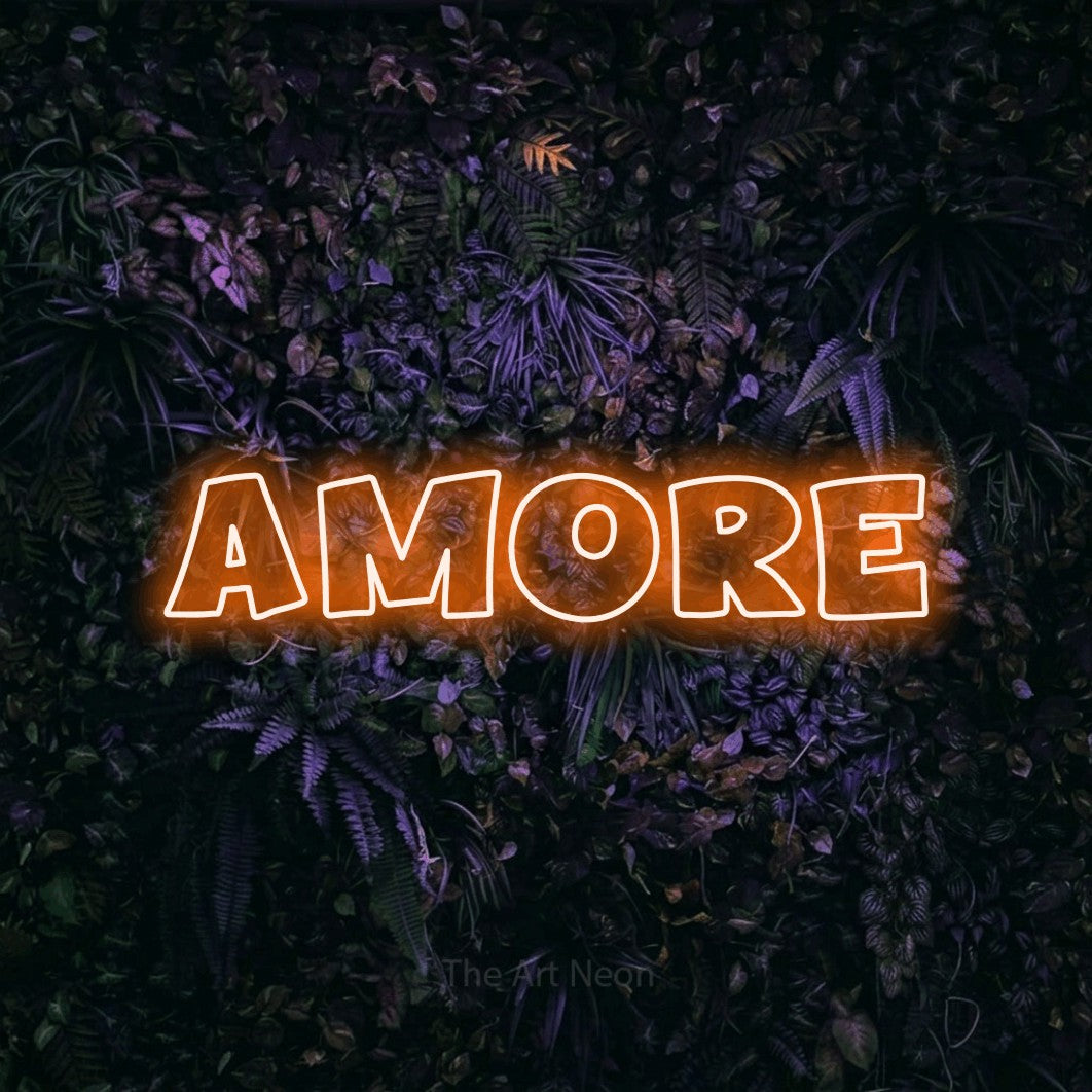 Orange outline-style LED neon sign reading "Amore" against a purple floral wall