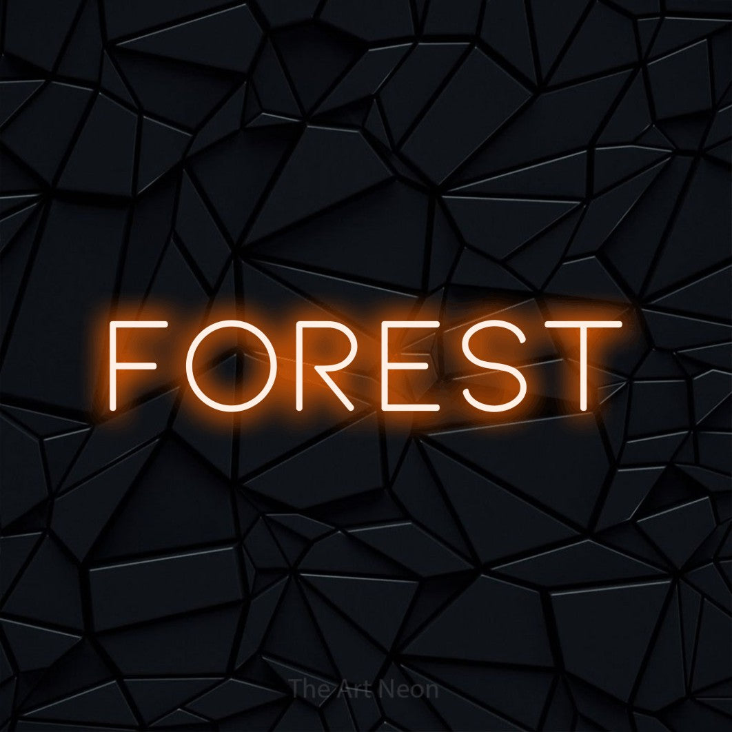 Orange LED neon sign reading "Forest" against a black faceted wall