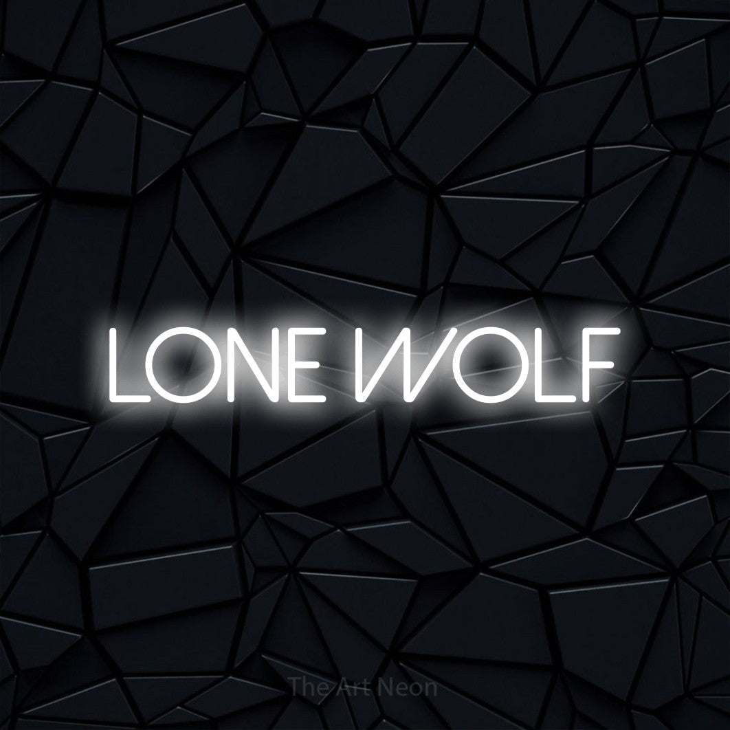 Cool white LED neon sign reading "Lone Wolf" against a black faceted wall
