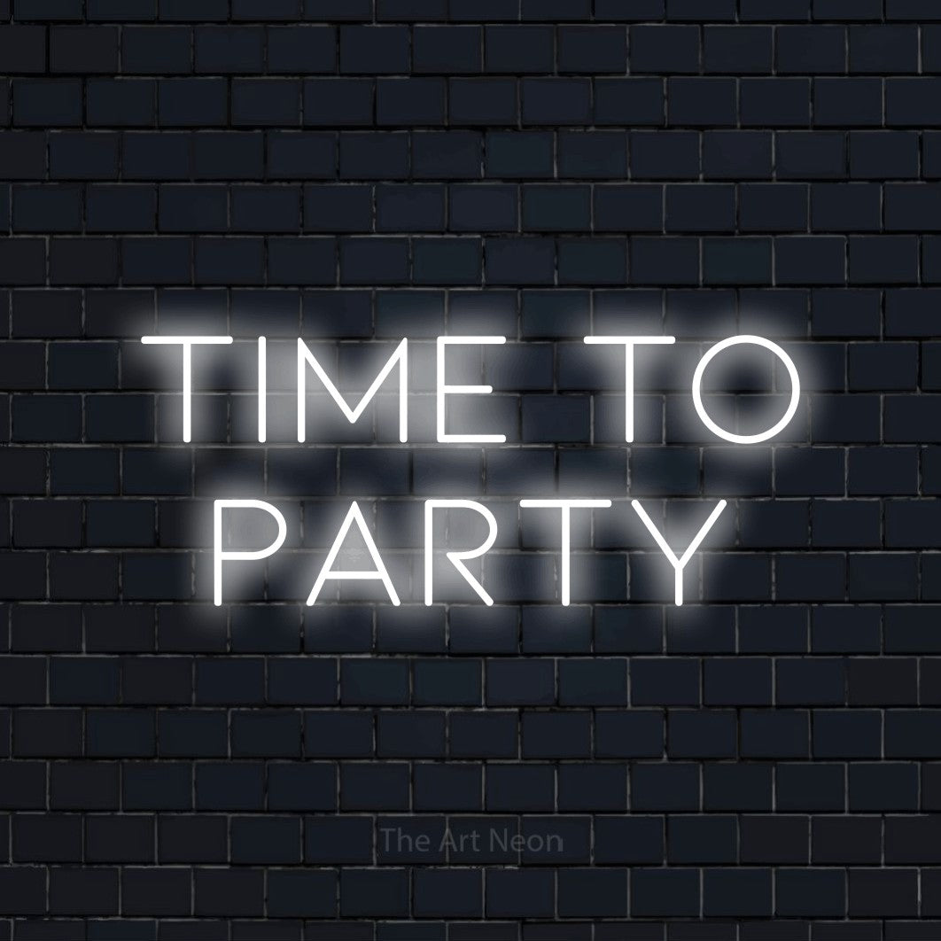 Cool white LED neon sign reading "Time to Party" against a dark navy brick wall for party décor