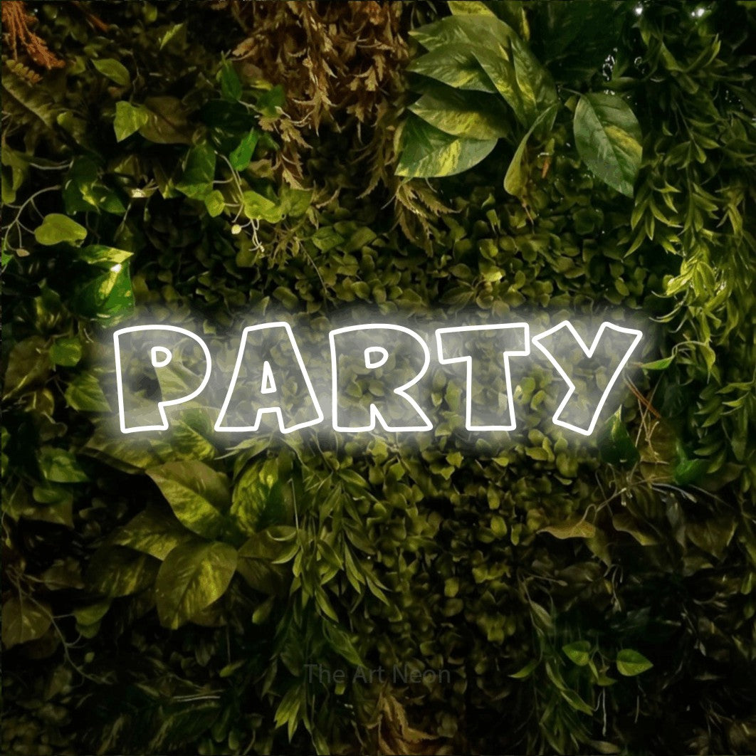 Cool white outline-style LED neon sign reading "Party" against a textured moss and foliage wall for party décor