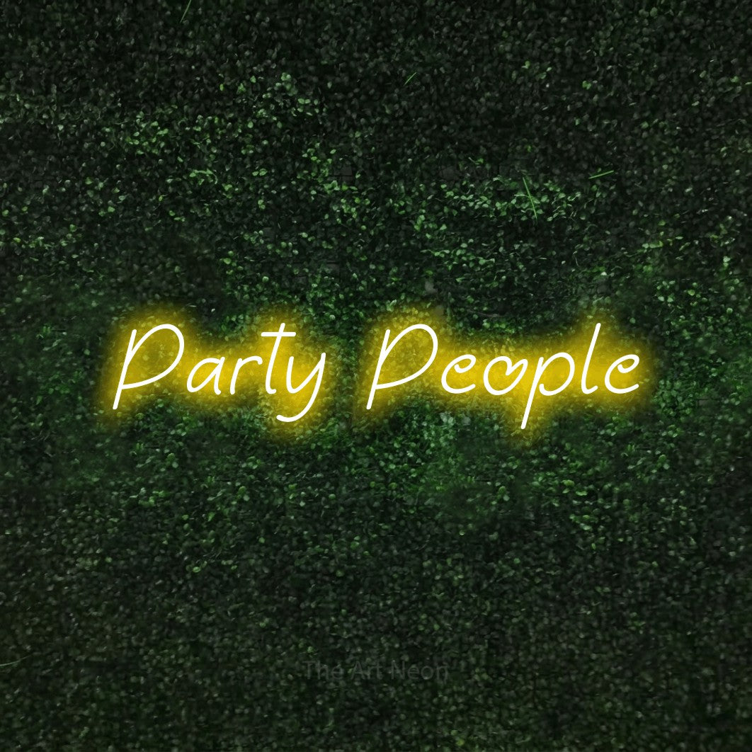 Yellow LED neon sign reading "Party People" against a textured green moss wall for party décor