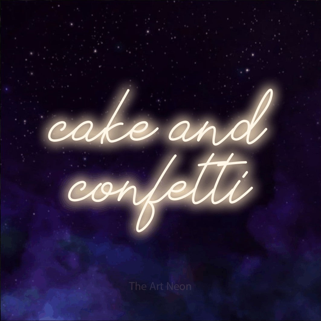 Enseigne néon à DEL à lumière blanche chaude, de style manuscrit, affichant « Cake and Confetti » sur un arrière-plan de galaxie violette, pour décorer une fête