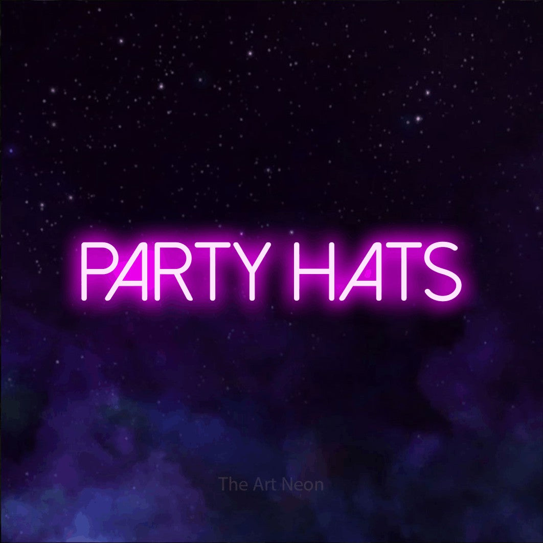 Enseigne néon à DEL à lumière rose, affichant « Party Hats » sur un arrière-plan de galaxie violette, pour décorer une fête