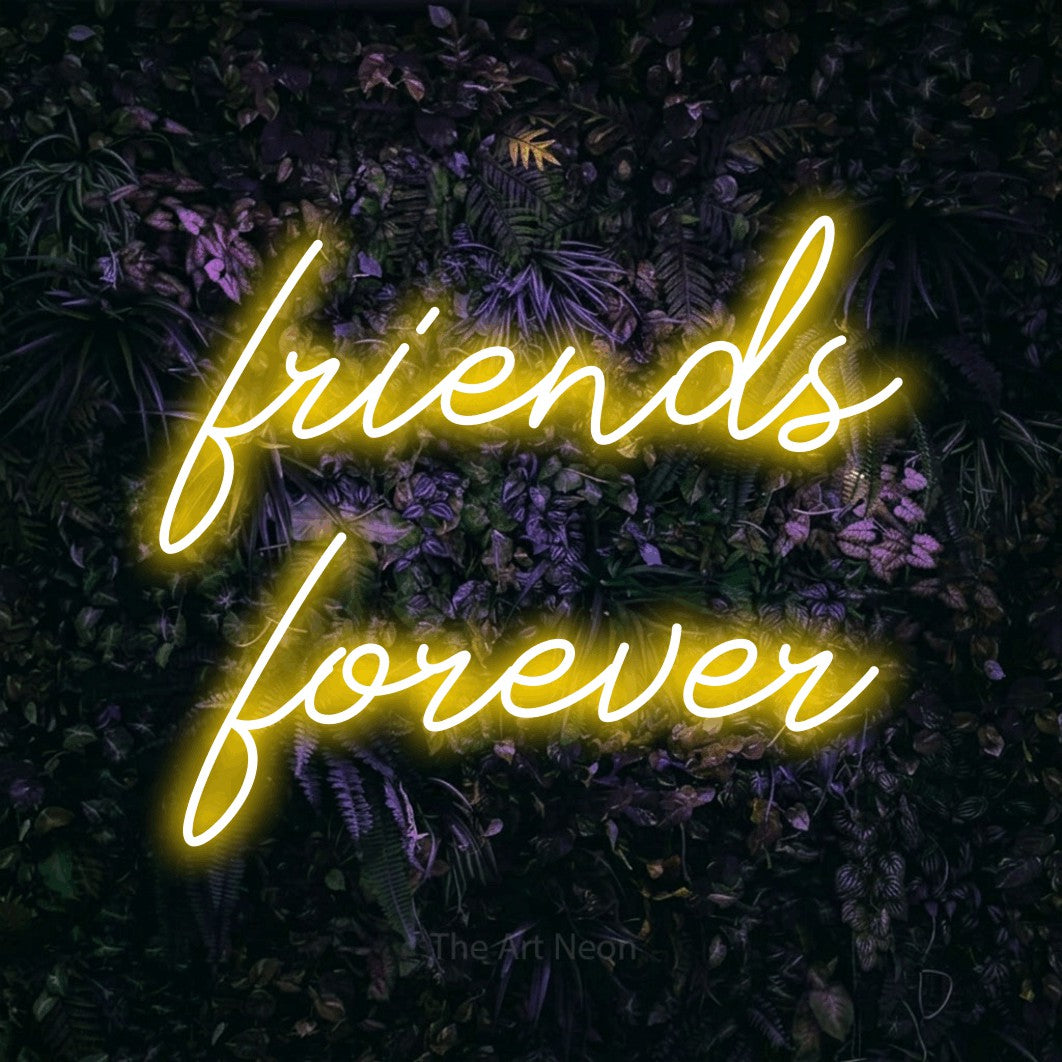 Yellow script-style LED neon sign reading "Friends Forever" against a purple floral wall for party décor