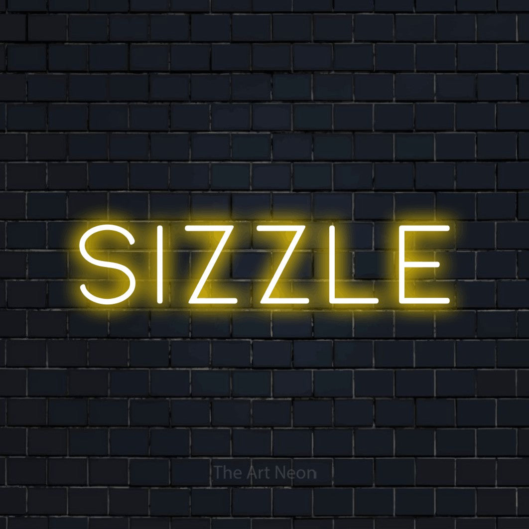 Yellow LED neon sign reading "Sizzle" against a dark navy brick wall for restaurant décor