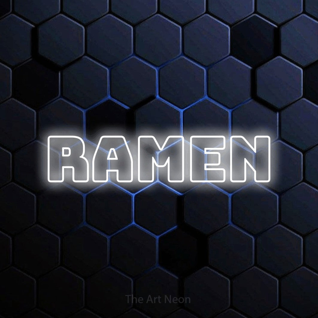 Cool white outline-style LED neon sign reading "Ramen" against a blue hexagonal wall for restaurant décor
