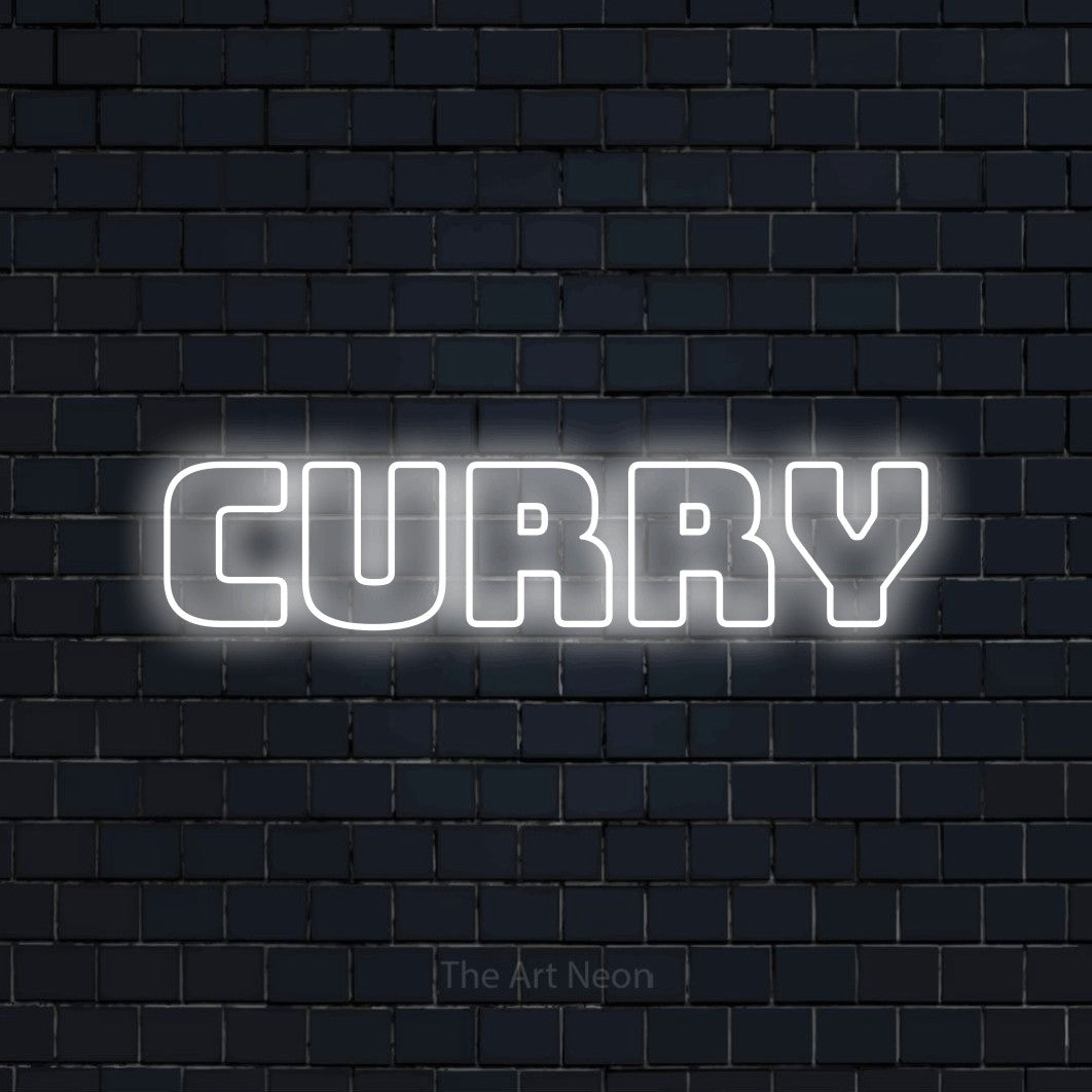 Cool white outline-style LED neon sign reading "Curry" against a dark navy brick wall for restaurant décor
