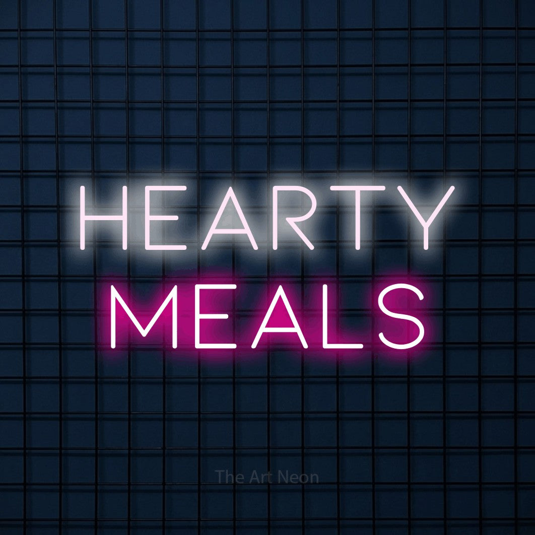 Hot pink and cool white LED neon sign reading "Hearty Meals" against a dark blue tiled wall for restaurant décor