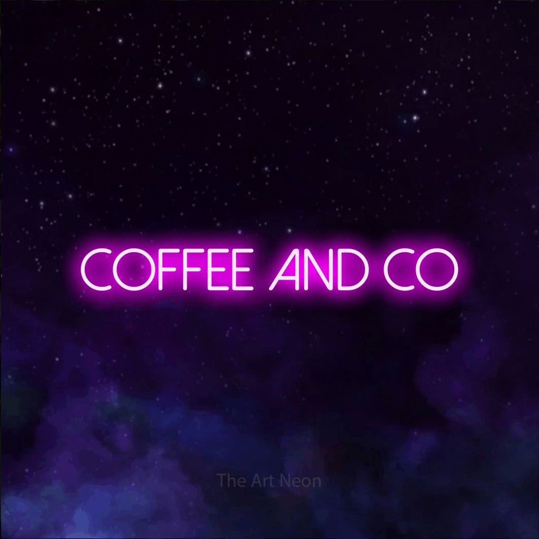 Pink LED neon sign reading "Coffee and Co" against a purple galaxy background for café décor