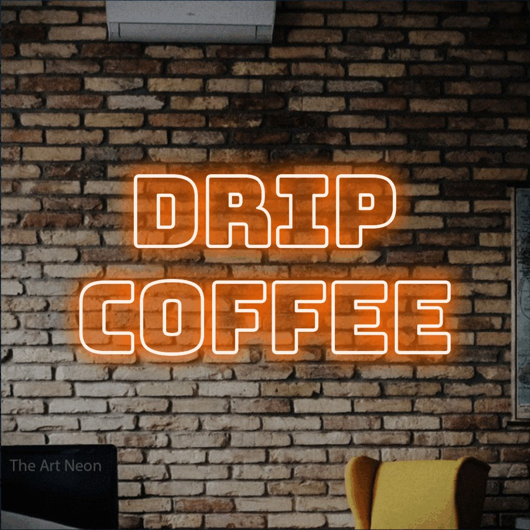 Orange outline-style LED neon sign reading "Drip Coffee" against a rustic brick wall for café décor
