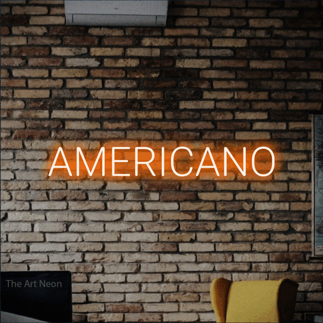 Orange LED neon sign reading "Americano" against a rustic brick wall for café décor