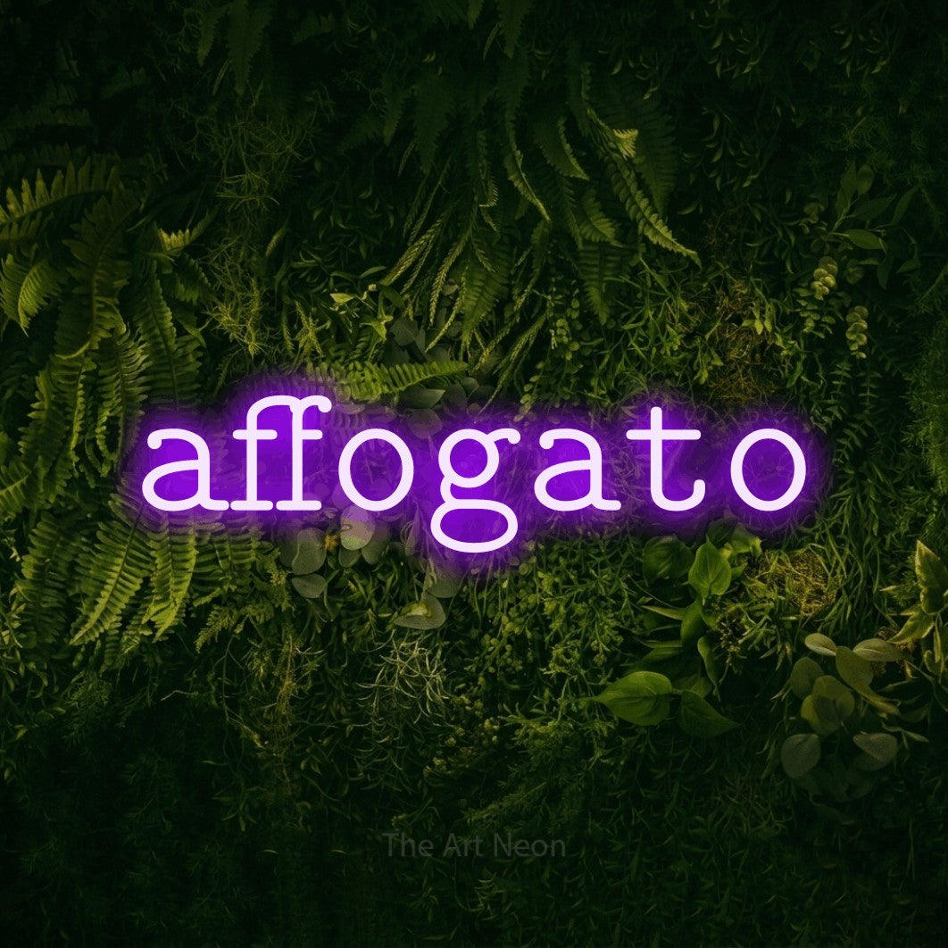Purple LED neon sign reading "Affogato" against a moss-covered green wall for café décor
