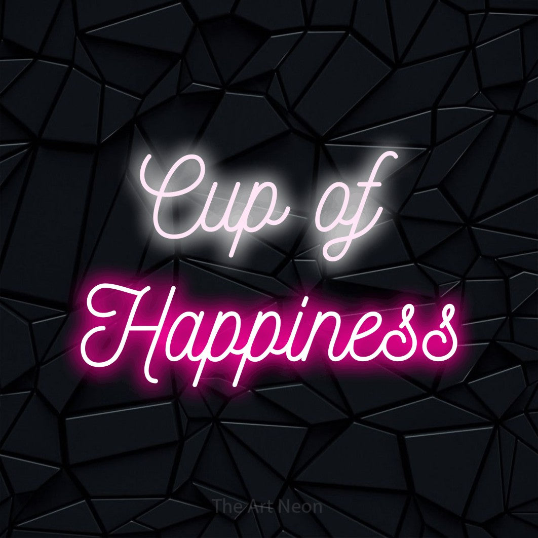 Hot pink and cool white script-style LED neon sign reading "Cup of Happiness" against a black faceted wall for café décor