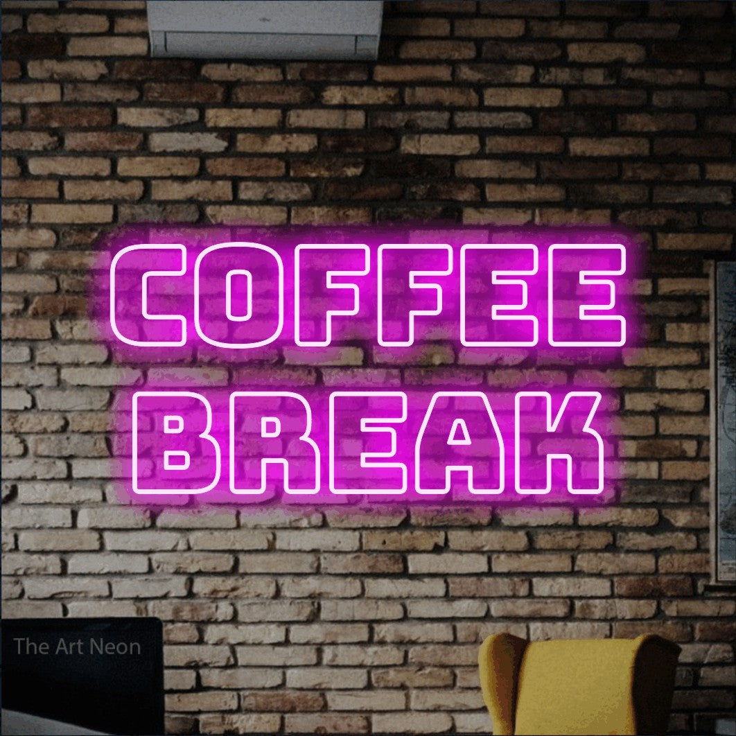 Pink outline-style LED neon sign reading "Coffee Break" against a rustic brick wall for café décor