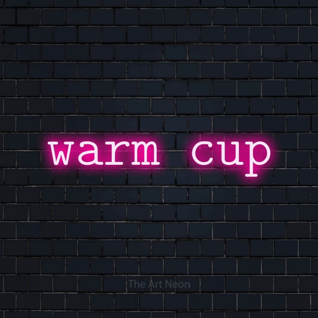 Hot pink LED neon sign reading "Warm Cup" against a dark navy brick wall for café décor