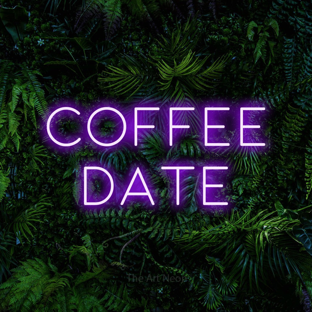 Purple LED neon sign reading "Coffee Date" against a dense tropical foliage wall for café décor