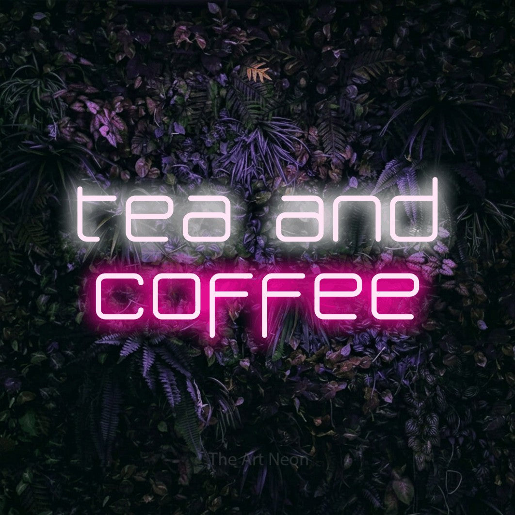 Hot pink and cool white LED neon sign reading "Tea and Coffee" against a purple floral wall for café décor