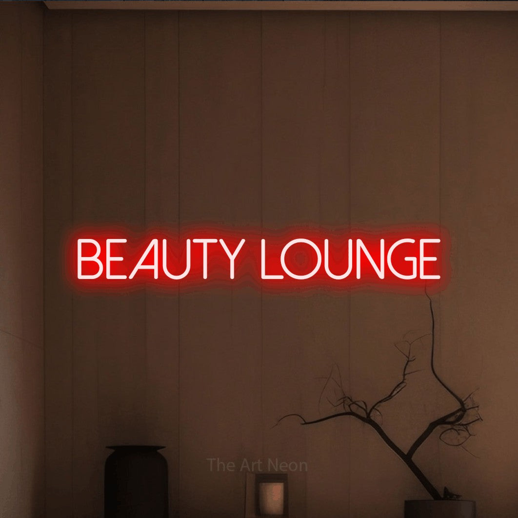 Red LED neon sign reading "Beauty Lounge" against a warm brown wall for salon décor