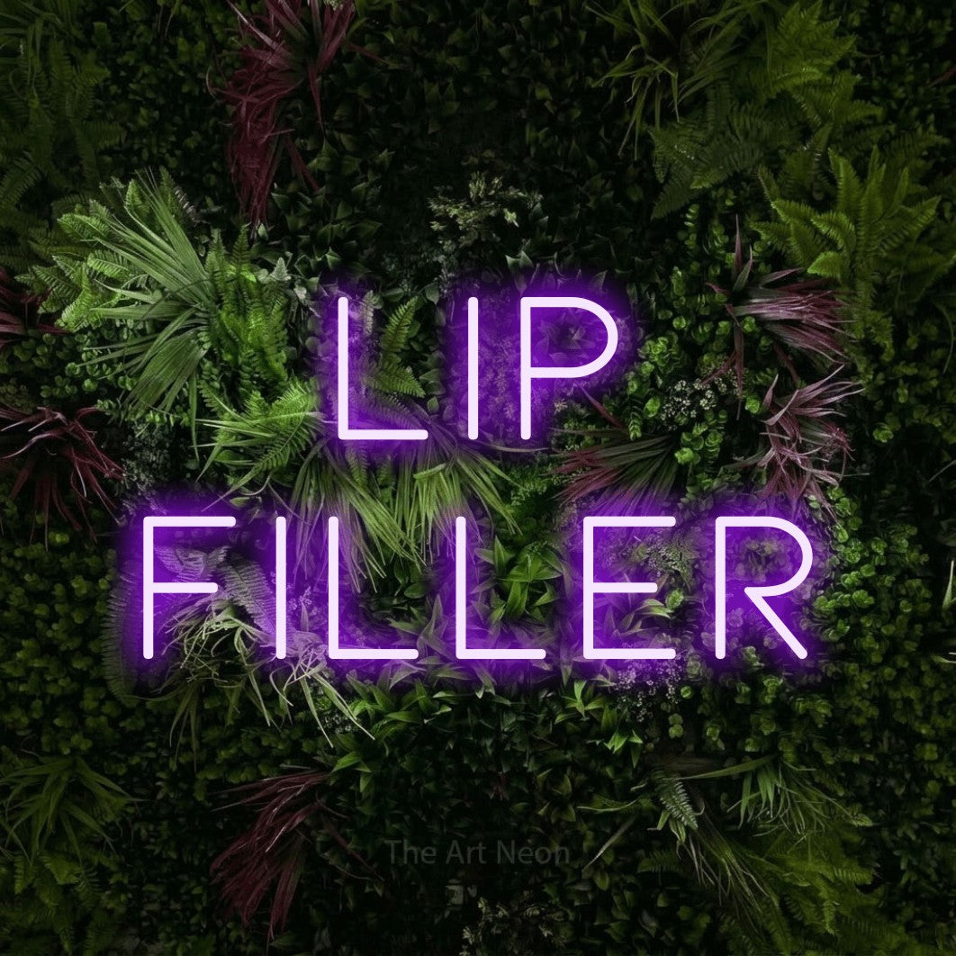 Purple LED neon sign reading "Lip Filler" against a lush garden wall with pink flowers for salon décor