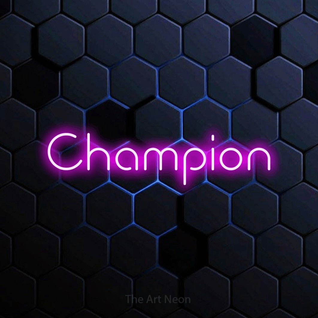 Pink LED neon sign reading "Champion" against a blue hexagonal wall for gym décor