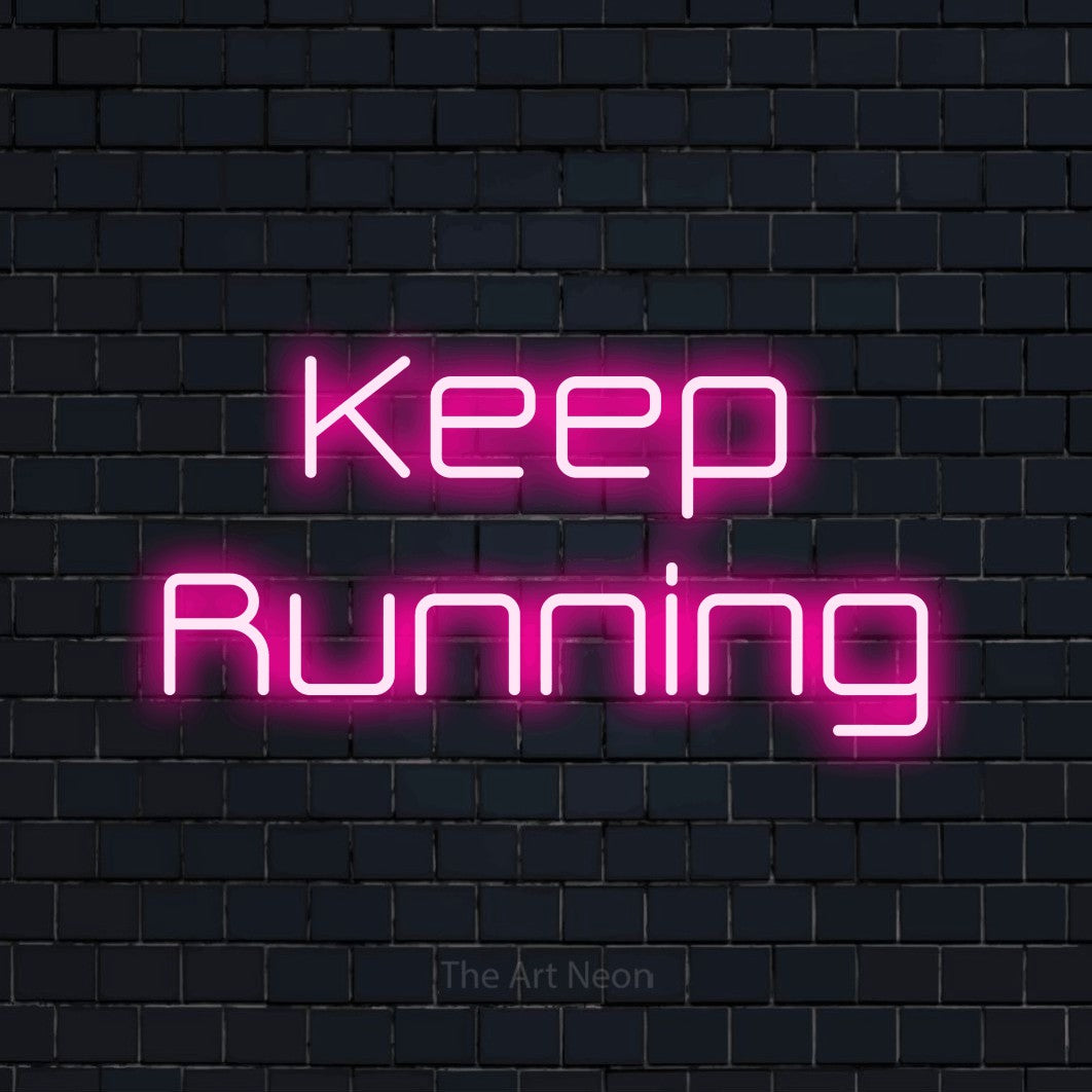 Hot pink LED neon sign reading "Keep Running" against a dark navy brick wall for gym décor