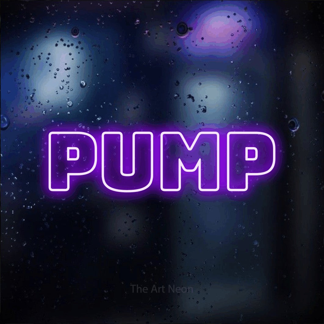 Purple outline-style LED neon sign reading "Pump" against a dark blue bokeh background for gym décor