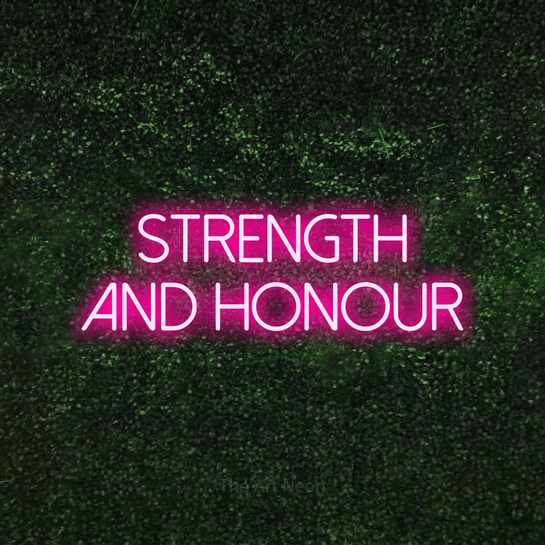 Hot pink LED neon sign reading "Strength and Honour" against a textured green moss wall for gym décor