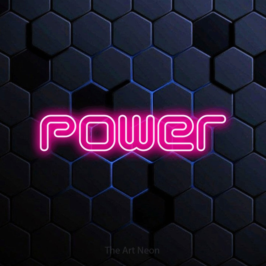 Hot pink outline-style LED neon sign reading "Power" against a blue hexagonal wall for gym décor