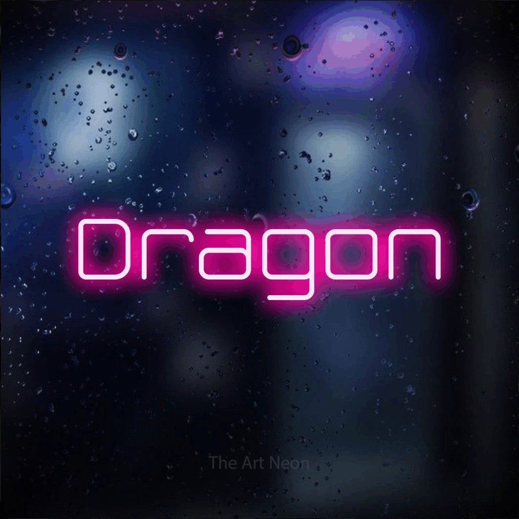 Hot pink LED neon sign reading "Dragon" against a dark blue bokeh background for tattoo studio décor