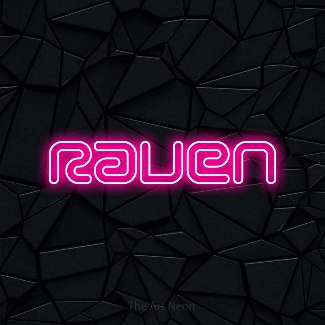 Hot pink outline-style LED neon sign reading "Raven" against a black faceted wall for tattoo studio décor