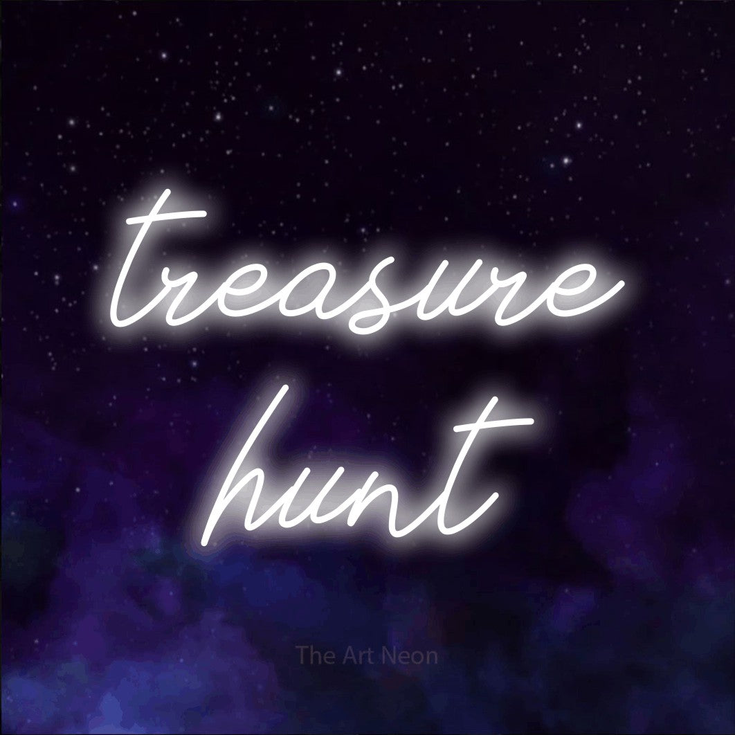 Cool white script-style LED neon sign reading "Treasure Hunt" against a purple galaxy background