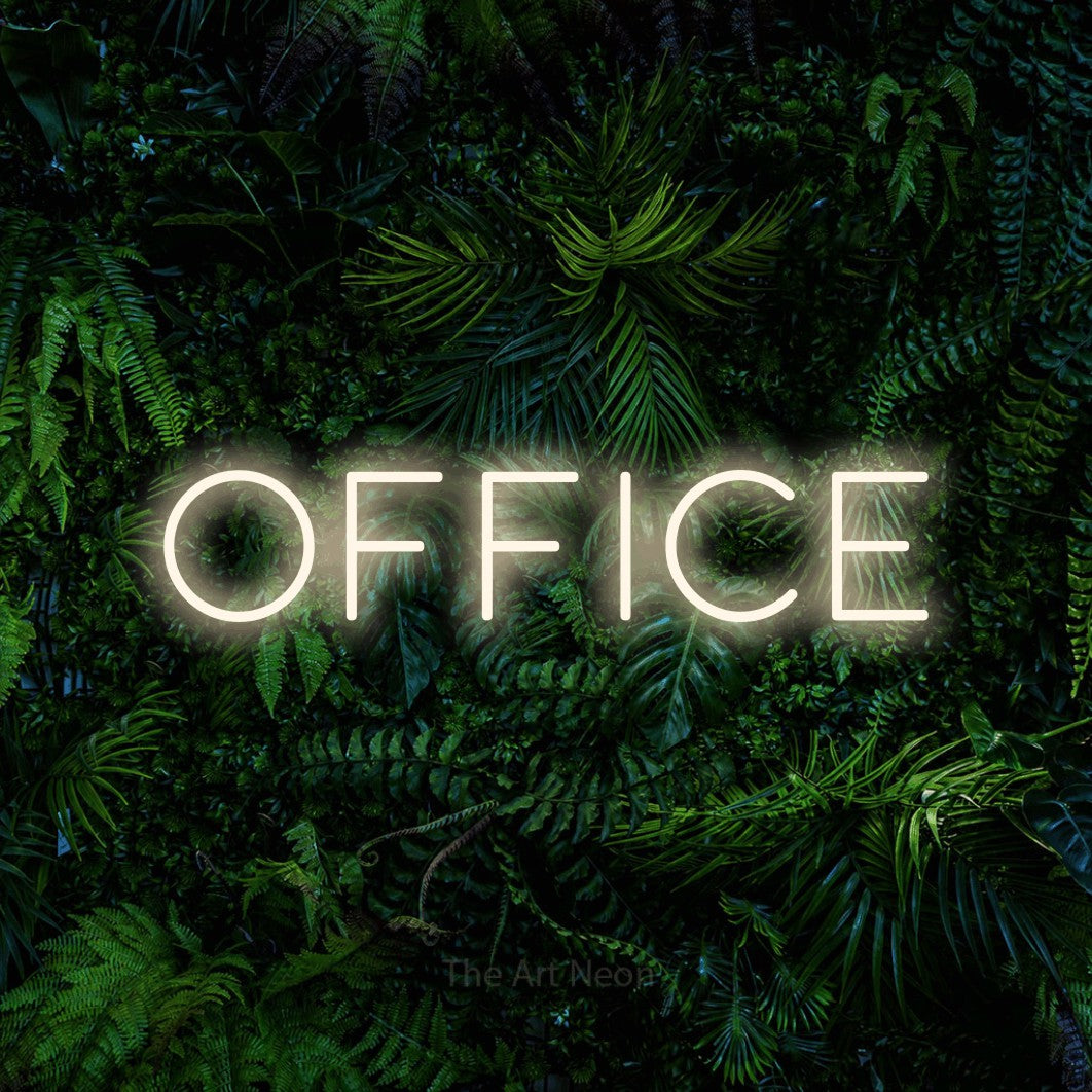 Warm white LED neon sign reading "Office" against a dense tropical foliage wall for office décor