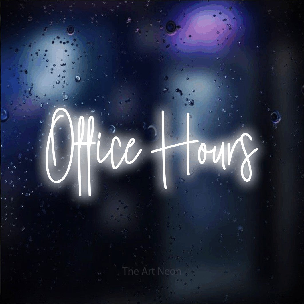 Cool white script-style LED neon sign reading "Office Hours" against a dark blue bokeh background for office décor