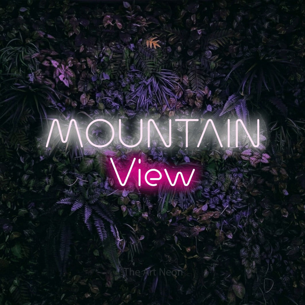 Hot pink and cool white LED neon sign reading "Mountain View" against a purple floral wall for hotel décor