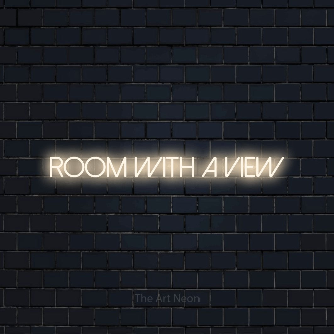 Warm white LED neon sign reading "Room with a View" against a dark navy brick wall for hotel décor