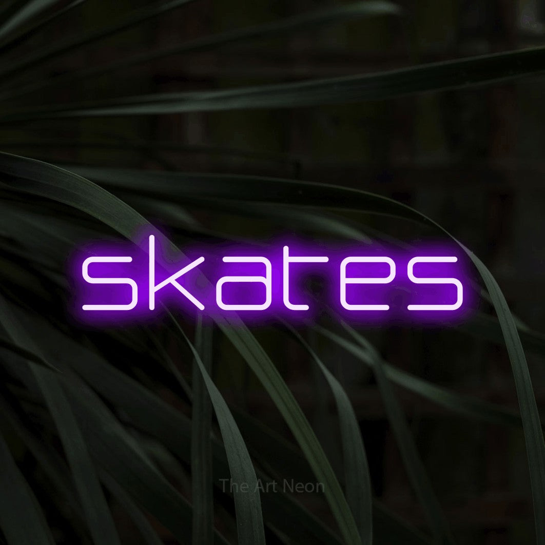 Purple LED neon sign reading "Skates" against dark tropical leaves