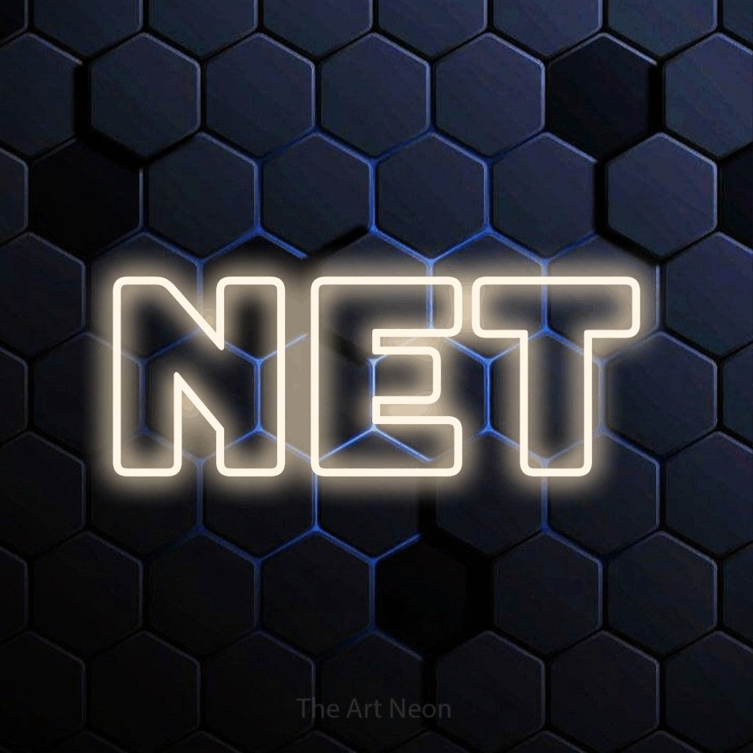 Warm white outline-style LED neon sign reading "Net" against a blue hexagonal wall